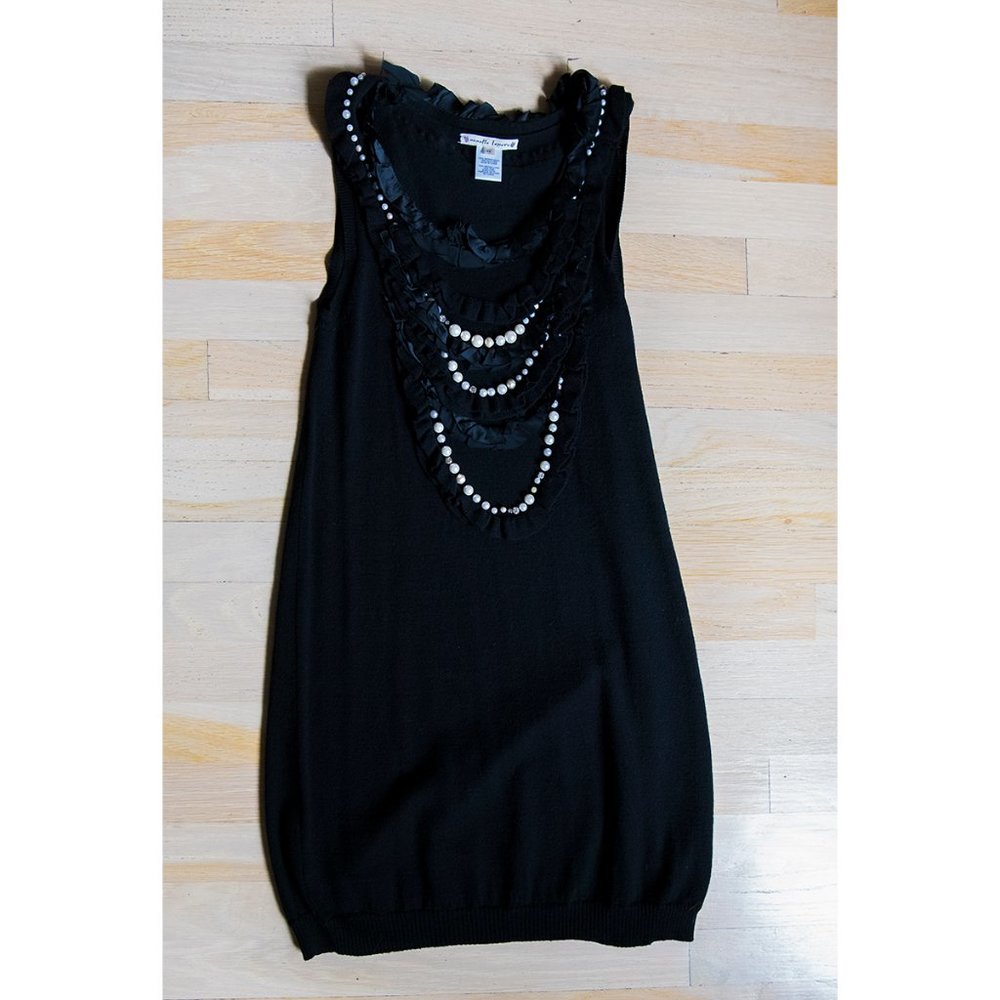 Sexy Nanette Lepore Black Merino Wool Dress with Pearls and Rhinestones XS